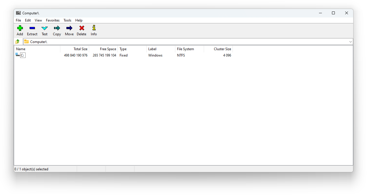 Captura de pantalla del gestor de archivos de 7-Zip en Windows.